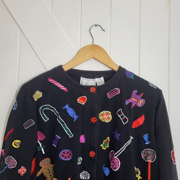 VTG Michael Simon Christmas Embroidered Candy Button Up Cardigan Women's M - Picture 2 of 9